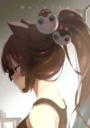 Rule 34 | 1girl, animal ears, bare shoulders, black shirt, blush, dog ears, dog girl, dog hair ornament, english text, from side, hair ornament, highres, inui toko, long hair, morning, nijisanji, nuezou, parted lips, ponytail, red eyes, shirt, sleeveless, sunlight, table, upper body, virtual youtuber, waking up