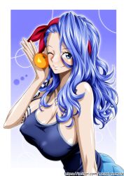 Rule 34 | 1girl, arm tattoo, ass, bare shoulders, blue eyes, blue hair, blue pants, blue tank top, breasts, chest tattoo, cleavage, closed mouth, commentary request, covered erect nipples, denim, food, fruit, gradient background, hair over shoulder, hair ribbon, hairband, hand up, highres, holding, holding food, holding fruit, jeans, large breasts, light blush, lips, long hair, looking at viewer, mandarin orange, nel-zel formula, nojiko, one eye closed, one piece, open hand, pants, pink lips, puffy nipples, red hairband, red ribbon, ribbon, smile, solo, spaghetti strap, tank top, tattoo, text focus, twitter username, upper body