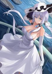 Rule 34 | 1girl, azur lane, bare shoulders, breasts, cleavage, closed mouth, collarbone, dress, elbow gloves, gloves, green eyes, hair ornament, hat, highres, illustrious (azur lane), large breasts, long hair, looking at viewer, maanu, outdoors, sleeveless, sleeveless dress, smile, solo, water, white dress, white gloves, white hair, white hat, white neckwear