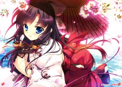 Rule 34 | 1girl, :d, absurdres, blue eyes, brown hair, cherry blossoms, hakama, hakama skirt, highres, huge filesize, japanese clothes, mikeou, miko, open mouth, parasol, red hakama, ribbon, sidelocks, skirt, smile, solo, umbrella