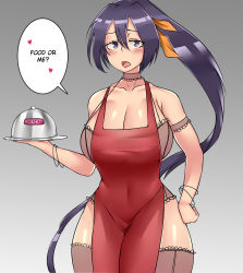 Rule 34 | 1girl, alternate eye color, apron, blush, bob (bobtheneet), bracelet, breasts, cleavage, collarbone, curvy, english text, hand on own hip, heart, high school dxd, highres, himejima akeno, jewelry, large breasts, looking at viewer, purple eyes, purple hair, simple background, solo, speech bubble, thick thighs, thighs, wide hips