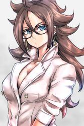 Rule 34 | 1girl, android 21, black-framed eyewear, black bra, blue eyes, bra, breasts, brown hair, cleavage, closed mouth, coat, collarbone, collared coat, commentary request, curly hair, double-breasted, dragon ball, dragon ball fighterz, earrings, expressionless, glasses, hoop earrings, jewelry, kemachiku, long hair, looking at viewer, medium breasts, simple background, solo, underwear, upper body, very long hair, white coat