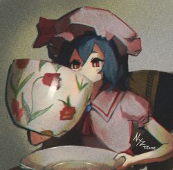 Rule 34 | 1girl, absurdres, ascot, blue hair, cup, dress, drinking, highres, holding, holding cup, holding saucer, nyztsune, oversized object, pink dress, pink headwear, red ascot, red eyes, remilia scarlet, saucer, short hair, sitting, solo, touhou