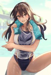 Rule 34 | 1girl, ashigara (kancolle), bare arms, bare legs, bare shoulders, black one-piece swimsuit, blush, breasts, brown eyes, brown hair, collarbone, competition swimsuit, hair between eyes, highres, kantai collection, kasumi (skchkko), large breasts, long hair, no pants, one-piece swimsuit, open mouth, smile, solo, swimsuit, swimsuit under clothes