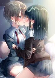 Rule 34 | 2girls, absurdres, black cardigan, black hair, blue eyes, blue skirt, blush, breasts, brown hair, cardigan, chromatic aberration, collared shirt, commentary request, dress shirt, eye contact, highres, light particles, long hair, long sleeves, looking at another, medium breasts, multiple girls, neck ribbon, off shoulder, open cardigan, open clothes, original, parted lips, pleated skirt, red ribbon, ribbon, school uniform, shirt, short hair, sidelocks, skirt, sleeves past wrists, touki matsuri, undone neck ribbon, white shirt, yellow eyes, yuri