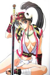 Rule 34 | 1girl, black hair, breasts, cleavage, collar, earrings, fundoshi, japanese clothes, jewelry, large breasts, long hair, looking at viewer, mask, ninja, oni mask, open clothes, ponytail, purple eyes, simple background, solo, sword, underwear, weapon, yoshizane akihiro