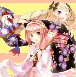 Rule 34 | 2girls, ;d, bird, blonde hair, bow, chicken, earrings, elise (fire emblem), fire emblem, fire emblem fates, floral print, hagoita, hair bow, hair ornament, hair ribbon, hairband, japanese clothes, jewelry, kimono, lilith (fire emblem), long hair, long sleeves, looking at viewer, multiple girls, nintendo, no nose, obi, one eye closed, open mouth, paddle, pink eyes, pink hair, purple eyes, ribbon, rojiura-cat, sakura (fire emblem), sash, short hair, smile, striped, striped background, twintails, very long hair, wide sleeves