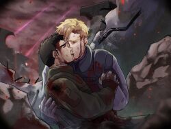 Rule 34 | 2boys, ao isami, black hair, blonde hair, blood, blood on clothes, blood on face, blue jumpsuit, bruise, bruise on face, couple, facial hair, green jumpsuit, hand on another&#039;s back, highres, injury, interlocked fingers, jumpsuit, kiss, kusitaki 0141, lewis smith, male focus, multiple boys, rubble, ruins, short hair, sideburns stubble, stubble, tearing up, upper body, war, yaoi, yuuki bakuhatsu bang bravern