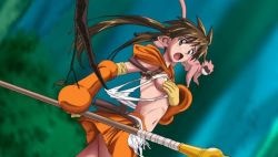 Rule 34 | 00s, 1girl, brown hair, censored, convenient censoring, elf, flat chest, forest keeper nowa, game cg, long hair, lowres, monkey, no panties, non-web source, nowa (queen&#039;s blade), nowa (queen's blade), open mouth, pointy ears, polearm, queen&#039;s blade, screencap, solo, spear, surprised, wardrobe malfunction, weapon
