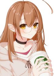 Rule 34 | 1girl, absurdres, ahoge, berry, black choker, brown eyes, brown hair, brown hoodie, choker, coffee cup, crossed bangs, cup, disposable cup, double-parted bangs, earrings, food-themed earrings, glasses, hair between eyes, highres, holding, holding cup, hololive, hololive english, hood, hoodie, jewelry, long hair, looking at viewer, multicolored hair, nanashi mumei, nanashi mumei (casual), necklace, noahbo, official alternate costume, oversized clothes, pointy ears, red shirt, round eyewear, shirt, sleeves past wrists, smile, starbucks, starbucks siren, streaked hair, sweater, virtual youtuber, white sweater