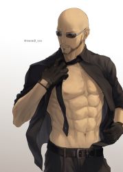 Rule 34 | 1boy, abs, bald, beard, belt, black belt, black gloves, black necktie, black pants, black shirt, closed mouth, collared shirt, commentary request, cowboy shot, ear piercing, earrings, facial hair, final fantasy, final fantasy vii, gloves, gradient background, grey background, hand up, highres, jewelry, male focus, mondi hl, muscular, muscular male, mustache, navel, necktie, nipples, pants, pectorals, piercing, rude (ff7), shirt, solo, square enix, sunglasses, turks (ff7), twitter username, undressing, white background