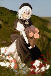 Rule 34 | 1girl, absurdres, apron, black apron, blue sky, blurry, blurry foreground, blush, closed mouth, collared dress, day, dress, feet out of frame, floating hair, flower, flower pot, frilled apron, frills, grass, grey eyes, hair between eyes, half-closed eyes, highres, hill, holding, holding flower pot, juliet sleeves, long sleeves, looking at viewer, maid, maid headdress, medium hair, original, outdoors, pink flower, puffy sleeves, red flower, red pupils, riroi (rntr ll), sky, sleeve cuffs, solo, standing, v arms, white dress, white flower, white hair