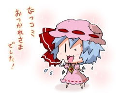 Rule 34 | &gt; &lt;, 1girl, :3, bad id, bad pixiv id, blue hair, bow, brooch, chibi, commentary request, dress, closed eyes, flying sweatdrops, full body, hair bow, handkerchief, hat, holding, jewelry, mob cap, noai nioshi, one eye closed, open mouth, pink dress, puffy short sleeves, puffy sleeves, red bow, remilia scarlet, ribbon-trimmed clothes, ribbon trim, short sleeves, simple background, smile, solo, sparkle, standing, stitches, sweat, text focus, touhou, translation request, white background