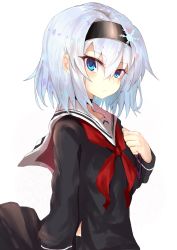 Rule 34 | 10s, 1girl, absurdres, blue eyes, blue hair, closed mouth, from side, hair between eyes, hairband, hand on own chest, highres, long sleeves, looking at viewer, neckerchief, ranf, red neckerchief, ryuuou no oshigoto!, school uniform, serafuku, short hair, silver hair, solo, sora ginko, upper body, white background