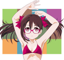 Rule 34 | 10s, 1girl, alternate hair color, armpits, arms up, bespectacled, bikini, bow, brown hair, expressionless, flat chest, glasses, hair bow, highres, long hair, looking at viewer, love live!, love live! school idol project, marutaya, red bikini, red eyes, solo, swimsuit, twintails, upper body, yazawa nico