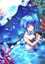 Rule 34 | 1girl, blue hair, blue theme, blush, chinese commentary, collar, collared shirt, commentary request, coral reef, expressionless, frilled collar, frilled shirt, frills, hair between eyes, hairband, hands up, holding, holding umbrella, light particles, little busters!, lliissaawwuu2, looking at viewer, nishizono mio, parted lips, partially submerged, red hairband, shirt, short hair, sleeveless, sleeveless shirt, solo, straight hair, umbrella, water, water drop, white shirt, yellow eyes