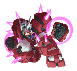 Rule 34 | 10s, 1girl, armor, bare shoulders, bodysuit, clenched hands, energy, fighting stance, glowing, green hair, gundam, gundam age, gundam age-1, gundam age-1 titus, headband, helmet, looking at viewer, mecha musume, mechanical arms, mechanical legs, personification, power armor, red eyes, simple background, solo, vest, white background, yabe makoto