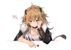 Rule 34 | 1girl, akagashi hagane, animal ears, arknights, black choker, black jacket, blonde hair, breasts, candy, choker, cleavage, closed mouth, commentary, food, fur-trimmed jacket, fur trim, hair between eyes, hand on own cheek, hand on own face, holding, holding candy, holding food, holding lollipop, jacket, jacket on shoulders, large breasts, lion ears, lion tail, lollipop, long hair, looking at viewer, open clothes, open jacket, ponytail, siege (arknights), simple background, solo, squiggle, studded choker, tail, tank top, upper body, white background, white tank top, yellow eyes