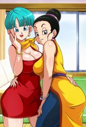 Rule 34 | 2girls, aqua hair, black eyes, black hair, blue eyes, blush, breasts, bulma, chi-chi (dragon ball), cleavage, closed mouth, dragon ball, dragonball z, earrings, hair bun, highres, indoors, jewelry, large breasts, looking at viewer, looking back, multiple girls, open mouth, sano br, short hair, single hair bun, smile, standing, window