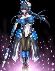 Rule 34 | 1girl, :o, arm up, armor, armpits, black background, black hair, black pantyhose, blue hair, bodysuit, bow, breasts, chestnut mouth, covered navel, cross, curvy, female focus, fingerless gloves, floating hair, gao, gao (naodayo), glint, gloves, glowing, hair between eyes, headgear, high ponytail, highleg, highleg leotard, highres, hip focus, holding, holding weapon, honda futayo, impossible clothes, kyoukaisenjou no horizon, large breasts, leotard, long hair, looking at viewer, open mouth, pantyhose, petals, polearm, ponytail, purple eyes, showgirl skirt, skirt, solo, spear, standing, thigh gap, underbust, weapon, wide hips