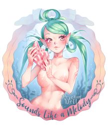 Rule 34 | 1girl, breasts, green hair, lips, looking at viewer, mermaid, monster girl, no nipples, scales, shell, small breasts, smile, solo, twintails