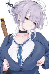 Rule 34 | 1girl, absurdres, bags under eyes, black choker, blazer, blue jacket, blue necktie, breasts, breasts squeezed together, choker, collarbone, collared shirt, grey eyes, grey hair, hair bun, hair ornament, hair stick, halo, highres, itokonoue kaoru, jacket, large breasts, looking at viewer, loose necktie, necktie, project kv, shirt, solo, sword, tobiko, weapon, white shirt