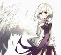 Rule 34 | 1girl, bad id, bad pixiv id, black bow, black neckwear, bow, closed mouth, dress, feathered wings, feathers, green night, hand up, jacket, kishin sagume, long sleeves, open clothes, open jacket, pink eyes, purple dress, short hair, single wing, solo, touhou, white background, white hair, white jacket, white wings, wings