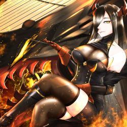 Rule 34 | 1girl, absurdres, azur lane, bare shoulders, black dress, black hair, black thighhighs, breasts, crossed legs, dress, fire, friedrich der grosse (azur lane), from side, gloves, hair over one eye, highres, horns, large breasts, long hair, looking at viewer, mechanical horns, notsushi, red gloves, red horns, short dress, sideways glance, solo, thighhighs, very long hair, yellow eyes, zettai ryouiki