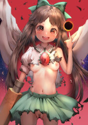 Rule 34 | 1girl, :d, absurdres, bar censor, bird wings, breasts, brown eyes, brown hair, cape, censored, female pubic hair, gluteal fold, hand up, highres, index finger raised, long hair, nipples, no panties, open mouth, petite, pubic hair, pussy, reiuji utsuho, round teeth, small breasts, smile, solo, teeth, torn clothes, touhou, upper teeth only, very long hair, wings, yawdeone