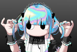 Rule 34 | 1girl, apron, aqua hair, aqua nails, black dress, black ribbon, blue hair, closed mouth, commentary, dress, english commentary, explosion psycho, frilled shirt collar, frills, green hair, grey background, hands up, iridescent, maid, maid apron, maid headdress, multicolored hair, neck ribbon, original, purple hair, ribbon, sideways glance, simple background, solid circle pupils, solo, twintails, white apron, wrist cuffs