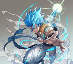 Rule 34 | 1boy, aura, baggy pants, blue eyes, blue hair, commentary, commentary request, dragon ball, dragon ball super, dragon ball super broly, energy ball, english commentary, fighting stance, gogeta, gradient background, grey background, grin, highres, katsutake, leaning, leaning forward, looking away, male focus, mixed-language commentary, outstretched arm, pants, rock, shaded face, simple background, smile, smoke, solo, spiked hair, standing, standing on one leg, super saiyan, super saiyan blue, waistcoat, white background, white pants, wristband