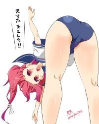 Rule 34 | 10s, 1girl, ass, bent over, foreshortening, from behind, highres, i-168 (kancolle), imu sanjo, kantai collection, kneepits, legs, long hair, pink eyes, pink hair, ponytail, school swimsuit, simple background, swimsuit, swimsuit under clothes, translation request, white background