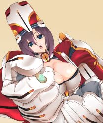 Rule 34 | 1girl, :o, ao (time-leap), armor, blue eyes, bodysuit, breasts, brown hair, cleavage, feeding, female focus, hat, incoming food, kyoukaisenjou no horizon, large breasts, mechanical arms, open mouth, prosthesis, purple hair, short hair, single mechanical arm, solo, tachibana gin