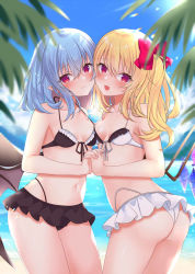 Rule 34 | 2girls, :d, ass, bare shoulders, bat wings, bikini, blonde hair, blue hair, blurry, blurry foreground, blush, bow, breasts, cheek-to-cheek, chromatic aberration, closed mouth, cloud, commentary request, cowboy shot, crystal, day, depth of field, fang, flandre scarlet, hair between eyes, hair bow, heads together, incest, long hair, looking at viewer, mountainous horizon, multiple girls, navel, no headwear, one side up, open mouth, outdoors, pointy ears, red bow, red eyes, remilia scarlet, siblings, sisters, skin fang, sky, small breasts, smile, sunlight, swimsuit, tosakaoil, touhou, wings, yuri