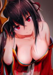 Rule 34 | 1girl, ahoge, azur lane, bare shoulders, black hair, blush, breasts, cleavage, collarbone, crossed bangs, downblouse, hair between eyes, hair ribbon, hand on own head, hanging breasts, head tilt, highres, japanese clothes, kimono, large breasts, leaning forward, long hair, looking at viewer, mask, mask on head, no bra, obi, pleated skirt, red eyes, red kimono, red ribbon, red skirt, ribbon, sash, skirt, smile, solo, striped ribbon, taihou (azur lane), twintails, very long hair, west 24, wide sleeves