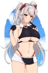 Rule 34 | 1girl, absurdres, azur lane, bare shoulders, belt, black gloves, breasts, clothing cutout, cropped shirt, fnzz, gloves, grey hair, half gloves, headgear, highres, large breasts, long hair, looking at viewer, mole, mole on breast, multicolored hair, official alternate costume, panties, prinz eugen (azur lane), prinz eugen (final lap) (azur lane), race queen, red hair, red panties, simple background, solo, standing, streaked hair, two-tone hair, two-tone skirt, underboob, underboob cutout, underwear, very long hair, white background, white belt