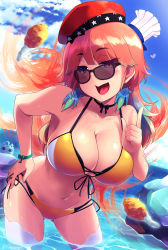 Rule 34 | 1girl, absurdres, bikini, blush, breasts, chef hat, choker, cleavage, fried chicken, front-tie top, halterneck, hand on own hip, hat, highres, hololive, hololive english, index finger raised, large breasts, long hair, looking at viewer, looking over eyewear, looking over glasses, navel, ocean, open mouth, orange bikini, orange hair, purple eyes, side-tie bikini bottom, sky, smile, smug, solo, sunglasses, swimsuit, takanashi kiara, thighhighs, tinted eyewear, virtual youtuber, wading, white thighhighs, yoru no night