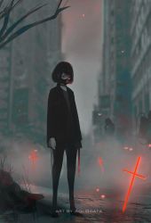 Rule 34 | 1girl, 2others, aoi ogata, artist name, black choker, black eyes, black footwear, black hair, black jacket, black pants, blurry, blurry background, building, choker, clip studio paint (medium), commentary, cross, depth of field, english commentary, glowing, grey shirt, highres, jacket, latin cross, multiple others, open clothes, open jacket, original, outdoors, pants, petals, red pupils, respirator, shirt, shoes, short hair, skyscraper, solo focus, standing