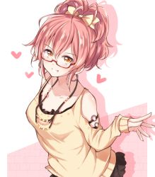 Rule 34 | 10s, 1girl, bespectacled, blush, bow, earrings, glasses, grin, hair bow, heart, idolmaster, idolmaster cinderella girls, jewelry, jiino, jougasaki mika, long hair, looking at viewer, necklace, orange eyes, pink hair, ponytail, simple background, skirt, smile, solo, upper body