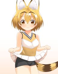 Rule 34 | 1girl, :3, animal ear fluff, animal ears, bare arms, bare shoulders, bike shorts, black shorts, blonde hair, blush, breasts, brown background, brown eyes, brown shirt, cameltoe, closed mouth, clothes lift, collarbone, commentary request, cowboy shot, gradient background, hair between eyes, highres, kemono friends, lifted by self, looking at viewer, pleated skirt, serval (kemono friends), serval tail, shin01571, shirt, short shorts, shorts, skirt, skirt lift, sleeveless, sleeveless shirt, small breasts, solo, striped tail, tail, white background, white skirt
