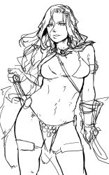 Rule 34 | 1girl, bikini, breasts, contrapposto, dagger, greyscale, highres, hilt, knife, loincloth, long hair, monochrome, navel, parted lips, red sonja, red sonja (comics), simple background, sketch, solo, standing, swimsuit, take (draghignazzo), weapon