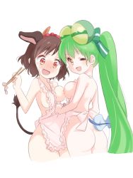 Rule 34 | 10s, 2girls, animal ears, apron, apron tug, ass, asymmetrical docking, blush, breast press, breasts, brown hair, chopsticks, cow ears, cow tail, green hair, highres, holmy (show by rock!!), horns, jacqueline (show by rock!!), large breasts, long hair, looking at viewer, looking back, multiple girls, naked apron, nipples, one eye closed, open mouth, ponytail, red eyes, short hair, show by rock!!, smile, tail, takano natsuki, tears, very long hair, yellow eyes, yuri