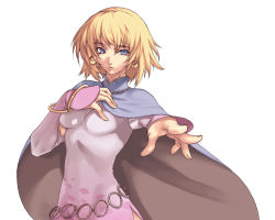 Rule 34 | 1girl, al (spectral force), blonde hair, blue eyes, cape, dress, earrings, expressionless, jewelry, official art, pink dress, short hair, solo, spectral (series), spectral force, white background
