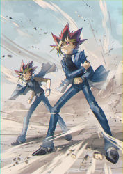 Rule 34 | 2boys, black hair, black shirt, blonde hair, blue jacket, blue pants, bright pupils, clenched teeth, commentary request, day, dyed bangs, from below, fushitasu, jacket, jacket on shoulders, legs apart, long sleeves, male focus, multiple boys, muto yugi, open clothes, open jacket, outdoors, pants, red eyes, rock, shirt, sky, spiked hair, standing, teeth, white pupils, wind, yami yugi, yu-gi-oh!, yu-gi-oh! duel monsters