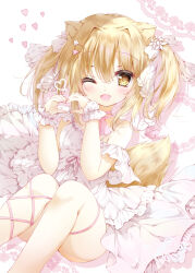 Rule 34 | 1girl, animal ears, blonde hair, blush, cat ears, cat girl, cat tail, choker, dress, frilled dress, frills, hair ornament, hair ribbon, hairclip, heart, heart hands, highres, knees up, leg ribbon, looking at viewer, moco ofuton, one eye closed, open mouth, original, ribbon, ribbon choker, short sleeves, sitting, smile, solo, tail, twintails, wings, wrist cuffs, yellow eyes