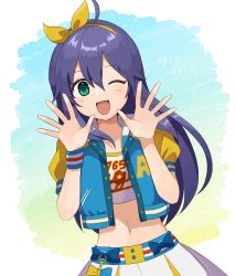 Rule 34 | ahoge, belted skirt, blouse, blue bow, blue jacket, blush, bow, commentary request, crop top, gradient background, green eyes, haaaiseo, hair between eyes, hairband, hands up, highres, idolmaster, idolmaster million live!, idolmaster million live! theater days, jacket, charm (object), long hair, midriff, mochizuki anna, navel, one eye closed, open mouth, print shirt, puffy short sleeves, puffy sleeves, purple hair, shirt, short sleeves, skirt, smile, solo, waving, white shirt, white skirt, wristband, yellow hairband, yellow sleeves