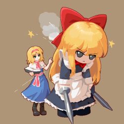 Rule 34 | 1girl, alice margatroid, apron, blonde hair, blue dress, book, boots, bow, bowtie, brown bag, capelet, commentary, doll, dress, dual wielding, edz drawz, english commentary, frilled apron, frilled capelet, frilled dress, frills, frown, full body, fumo (doll), goliath doll, green eyes, grey dress, grey eyes, hair bow, hairband, holding, holding book, lance, long hair, long sleeves, medium hair, open book, pixel art, pointing, polearm, red bow, red bowtie, red hairband, simple background, smoking, star (symbol), touhou, waist apron, weapon, white capelet