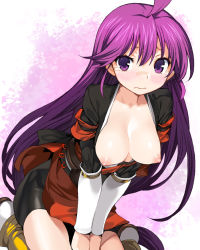 Rule 34 | 1girl, alice soft, bike shorts, bike shorts under skirt, blush, breasts, breasts out, dress, female focus, gauntlets, gradient background, japanese clothes, kentou kanami, large breasts, long hair, looking at viewer, nipples, onono imoko, open clothes, open dress, open shirt, purple eyes, purple hair, rance (series), rance 01, red dress, seiza, shirt, shorts, shorts under skirt, sitting, solo, tears, v arms, very long hair, wavy mouth