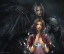 Rule 34 | 1990s (style), 1boy, 1girl, aerith gainsborough, bad id, bad pixiv id, bow, bracelet, cheating (relationship), cropped jacket, feathers, final fantasy, final fantasy vii, jewelry, miche, netorare, pink bow, realistic, sephiroth