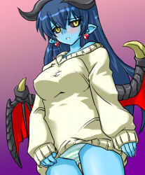 Rule 34 | 1girl, astaroth (shinrabanshou), black sclera, blue skin, blush, bottomless, colored sclera, colored skin, earrings, green panties, heart, heart earrings, jewelry, lowres, no pants, panties, shinrabanshou, solo, striped clothes, striped panties, sweater, thigh gap, thighs, underwear